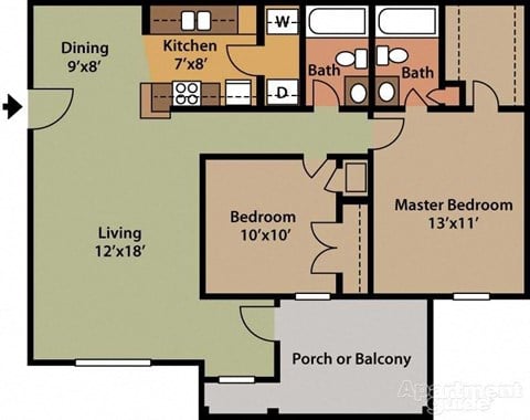 Floor plan for 2 beds, 2 baths, 950 sqft